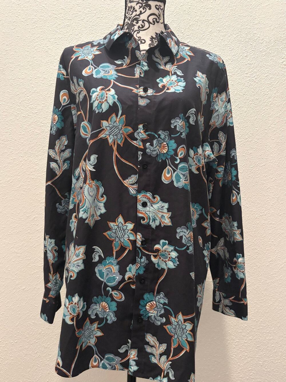 Chico’s Size 3 US 16 XL Floral Button Down Tunic Shirt Black Teal Orange Cotton